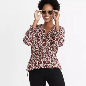 MADEWELL VIOLA Red and Yellow FLORAL RUFFLE HEM BLOUSE